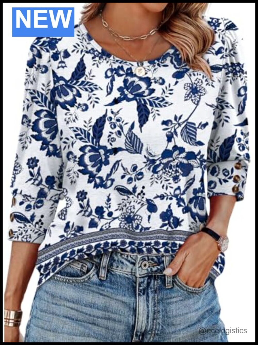 3/4 Sleeve Button Blouse Dressy Casual Top Flowy Polyester Stretch